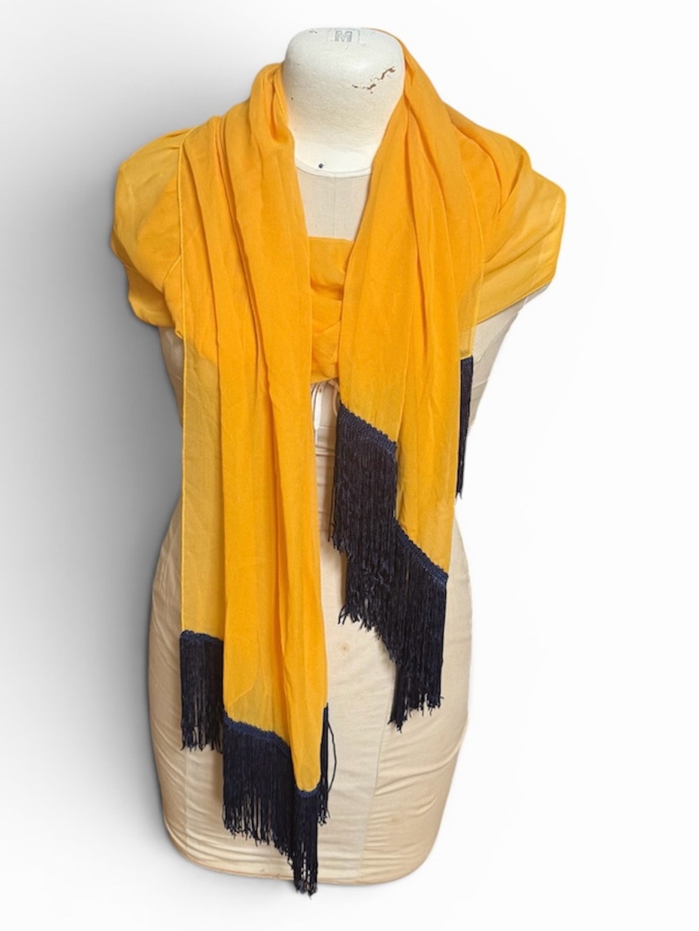 Vintage Elegant Yellow Fringe Scarf  ( navy fringe)